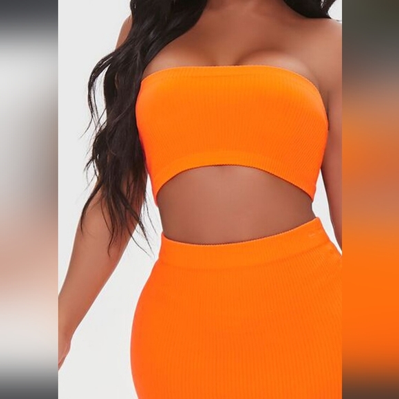 FOREVER 21-(2 PC) Orange Ribbed Tube Top & Knee Length Skirt- S/M - Picture 4 of 6